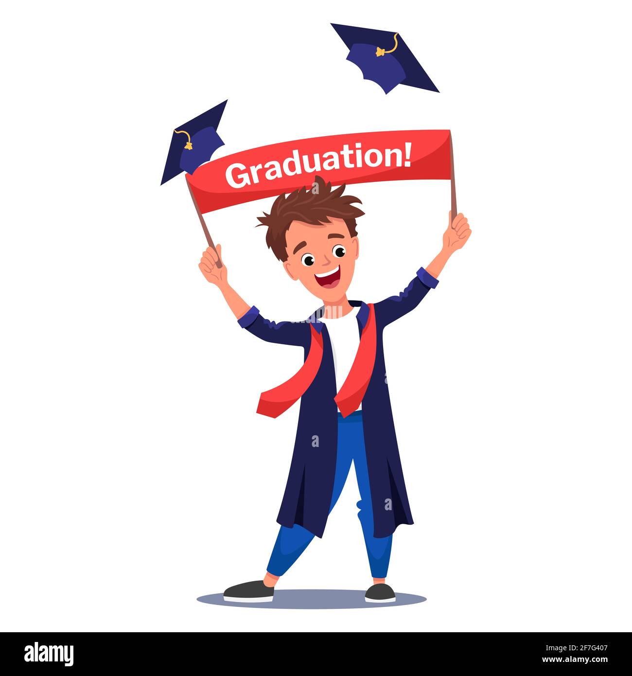 Young cheerful graduate boy in graduation cloak holding a banner with an inscription. Stock Vector