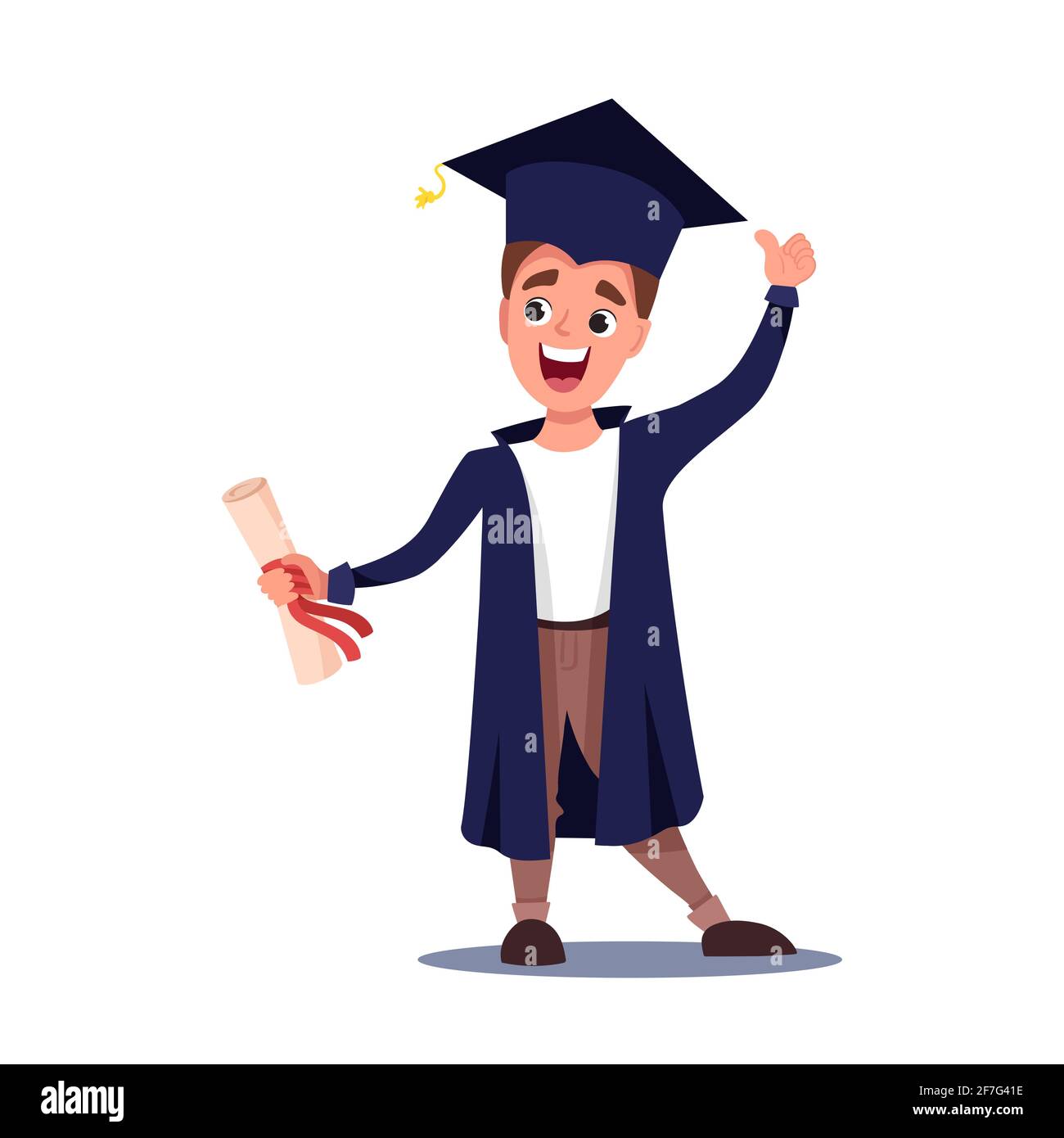 Young cheerful graduate boy in graduation cloak and hat showing diploma. Stock Vector