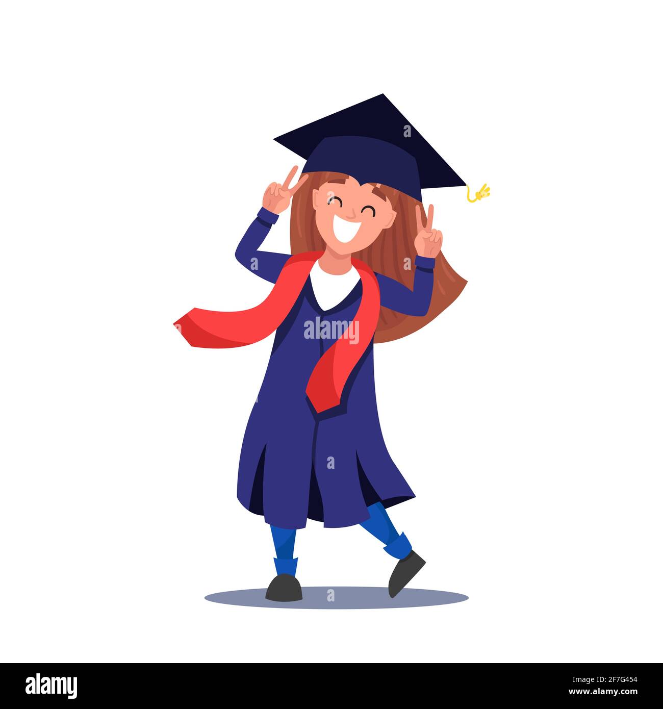 Young cheerful girl in graduation cloak and hat smiling and showing a  victory hands Stock Vector Image & Art - Alamy