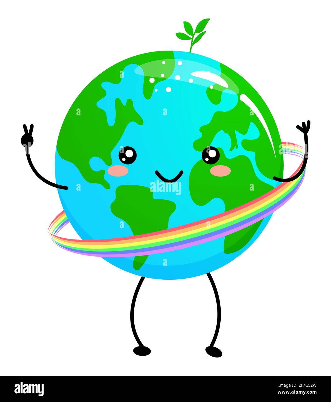 Happy Earth Day - Planet Earth kawaii drawing with rainbow hola hoop. Poster or t-shirt textile graphic design. Beautiful illustration. Earth Day envi Stock Vector