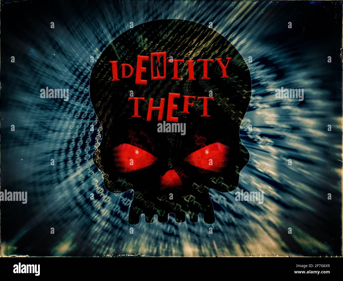 Identity theft, Black Skull with red eyes, Binary code blue background ...