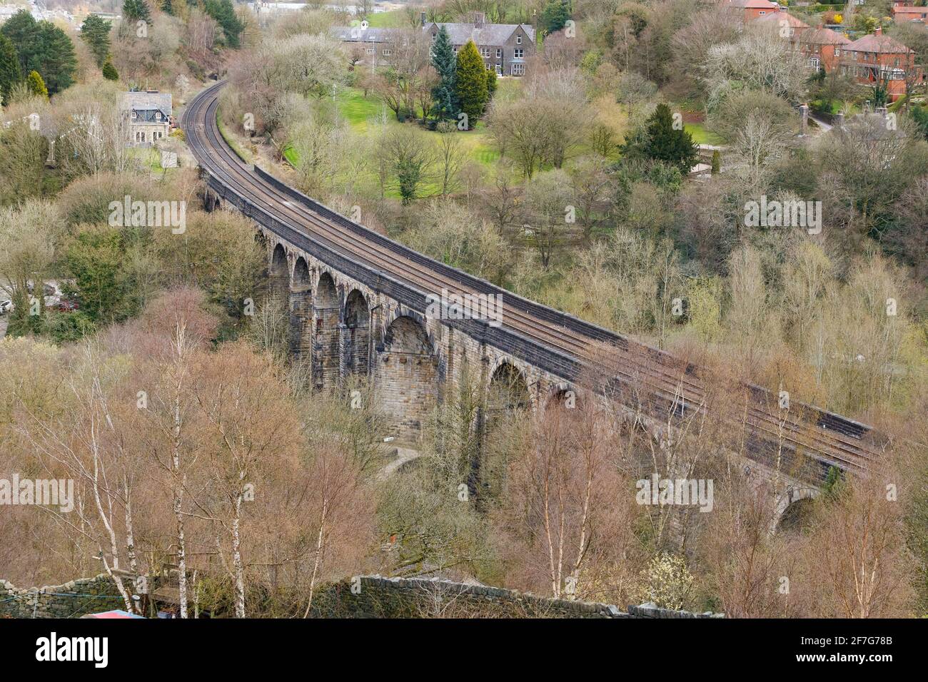 The railway viaduct at Uppermill, Saddleworth.  Built in 1849 with 23 arches. Stock Photo