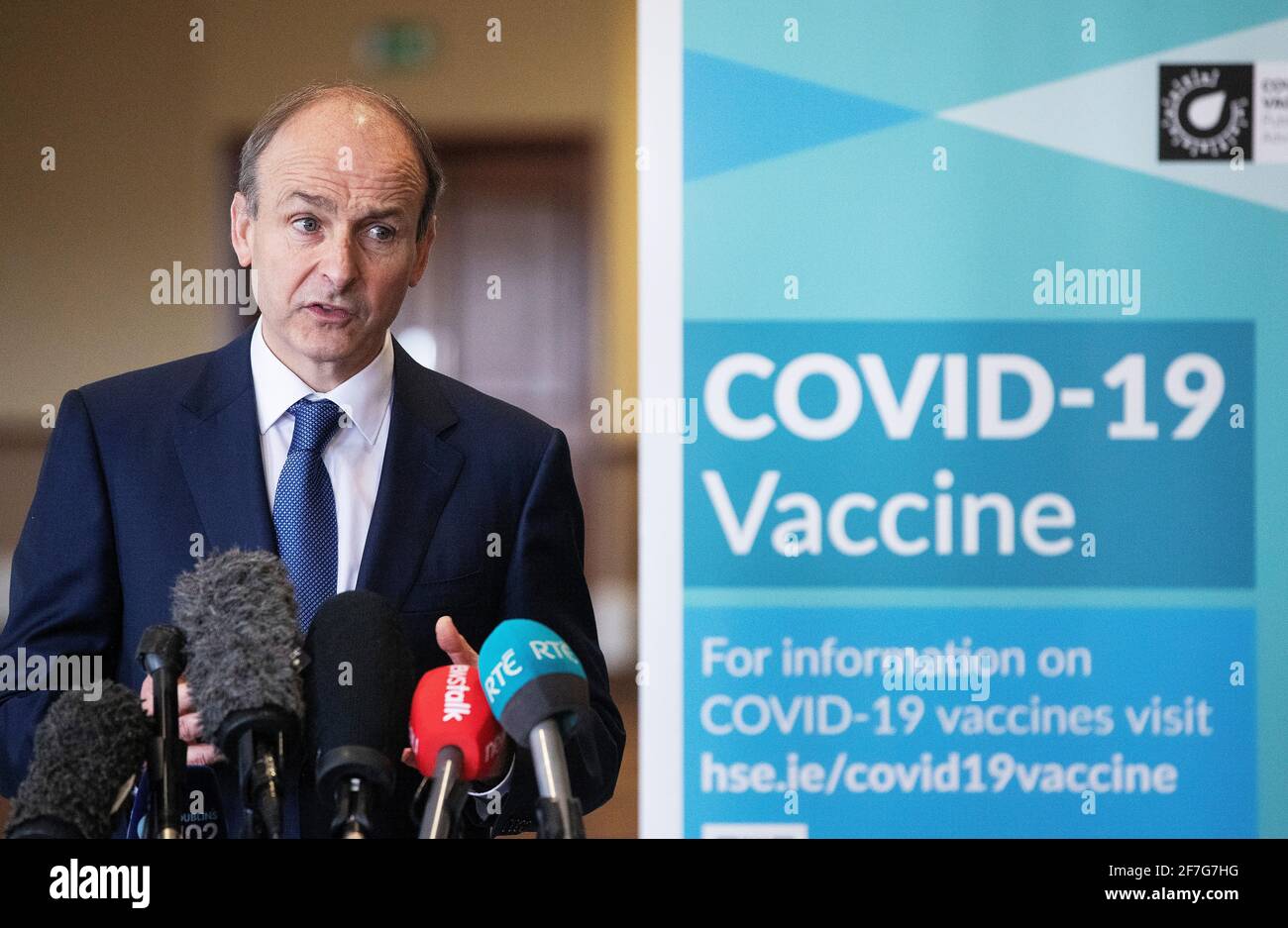 Taoiseach Micheal Martin at a press conference during a visit to the Citywest Covid-19 Vaccination Centre in Dublin for a briefing and tour of the facility. Ireland is on course to receive almost four million vaccine doses in the second quarter of the year, Taoiseach Micheal Martin has said. Picture date: Wednesday April 7, 2021. Stock Photo