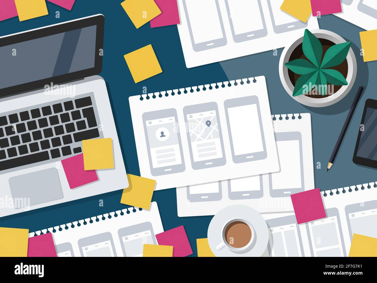 Flat lay illustration of a busy UX UI designer desk with mobile app ...