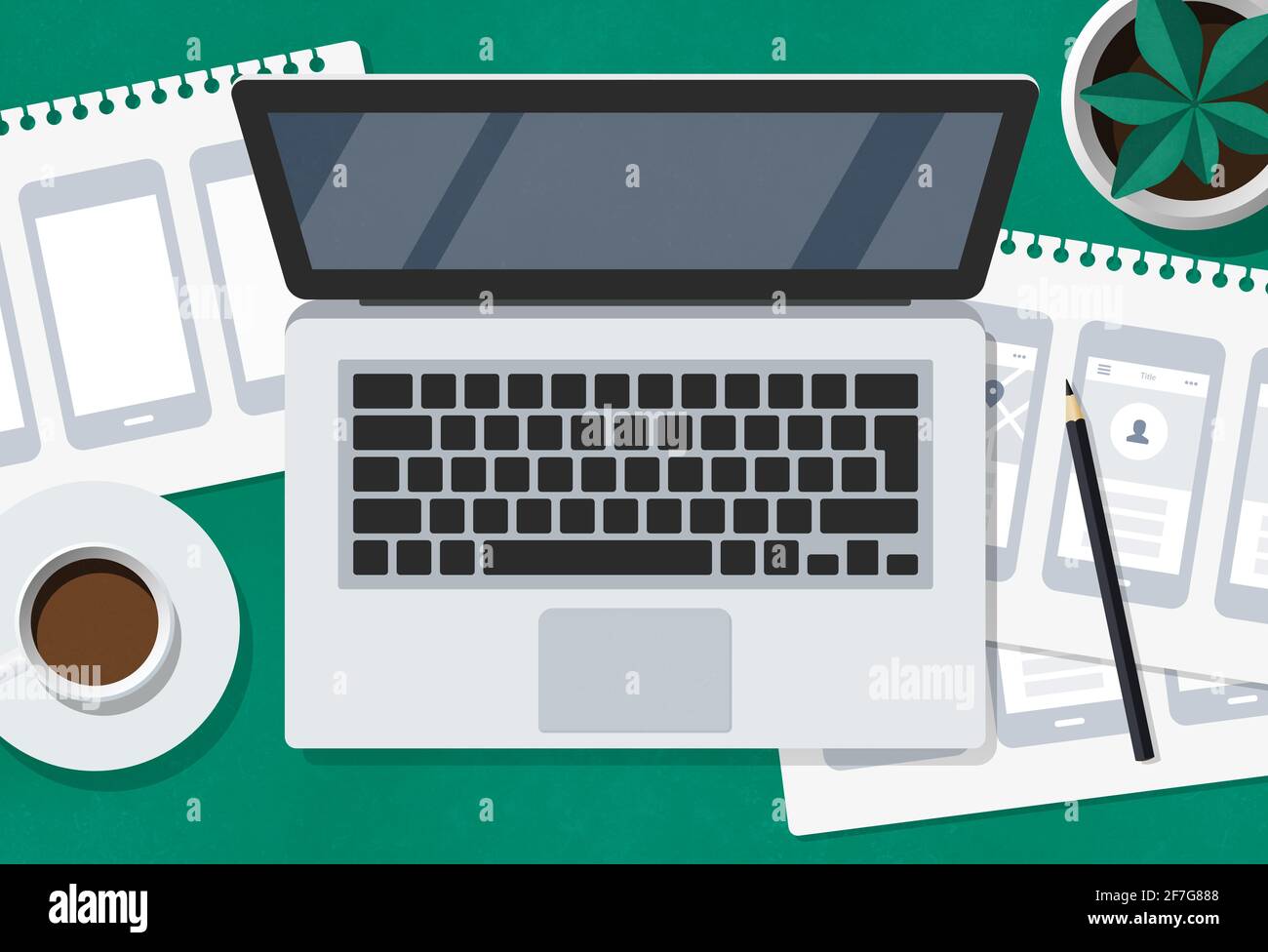 Flat lay illustration of a UX UI designer desk with laptop and mobile ...