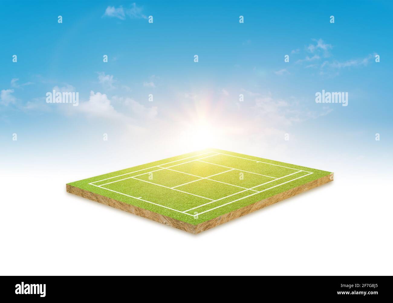 3D Rendering. Green grass tennis court and sky cloud background. Stock Photo