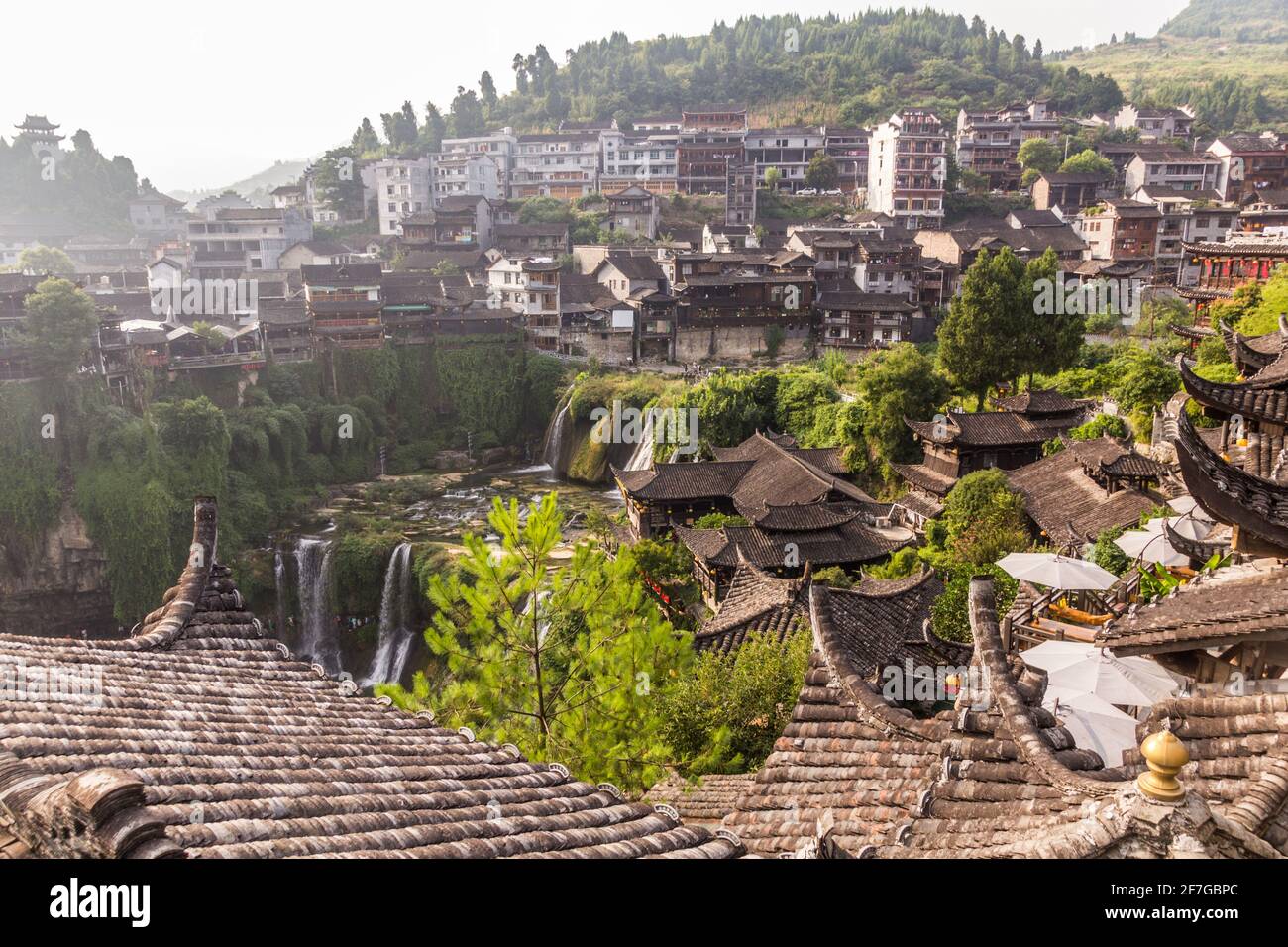 View of Furong Zhen town and waterfall, Hunan province, China Stock Photo