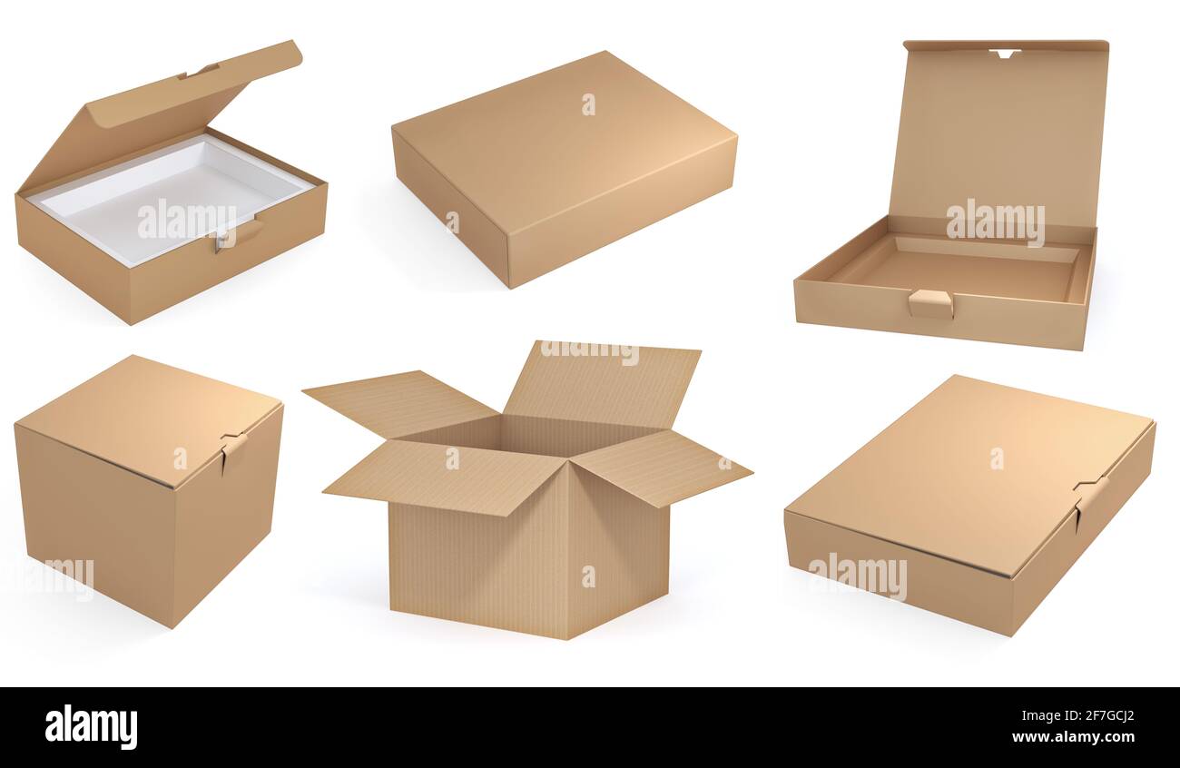 Brown cardboard box set isolated on white background. 3D Illustration Stock Photo