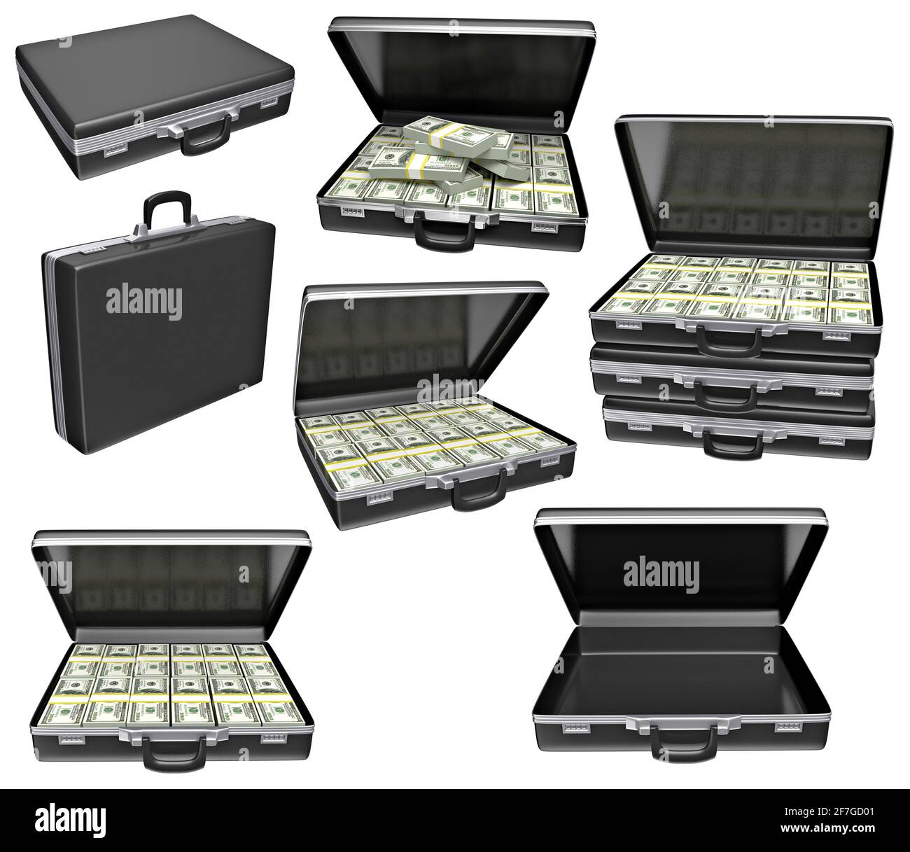 black suitcase full of hundred dollar isolated on white. 3D Illustration Stock Photo
