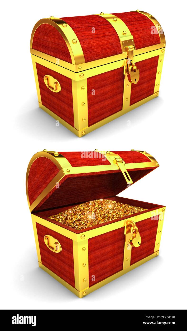 Wooden chest set with gold coins on white. 3D Illustration Stock Photo