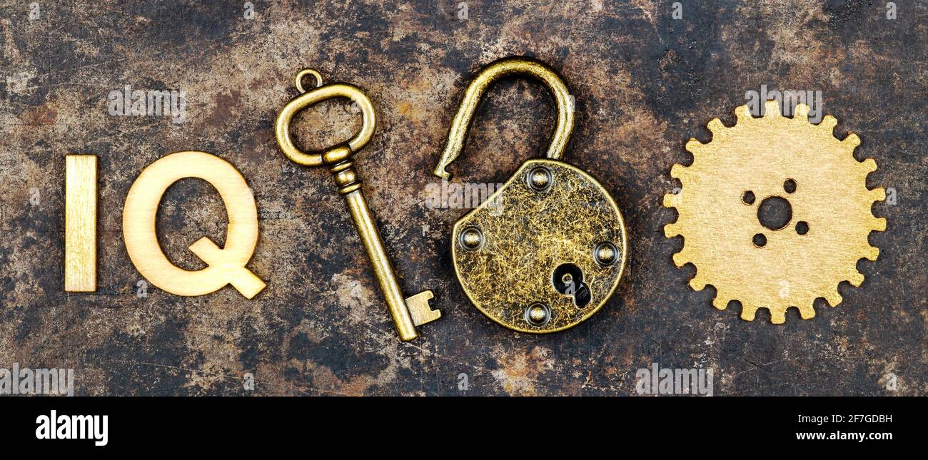 Intelligence quotient, iq test score and level concept, key, padlock and gear. Web banner. Stock Photo