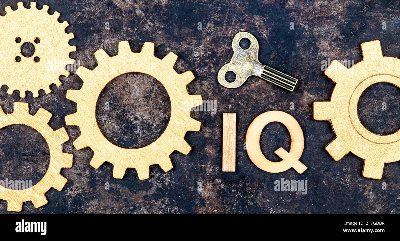 Intelligence quotient, iq test score and level concept, gears with a key on a metal background, web banner Stock Photo