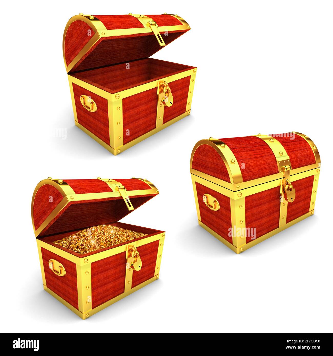 Wooden chest set with gold coins on white. 3D Illustration Stock Photo
