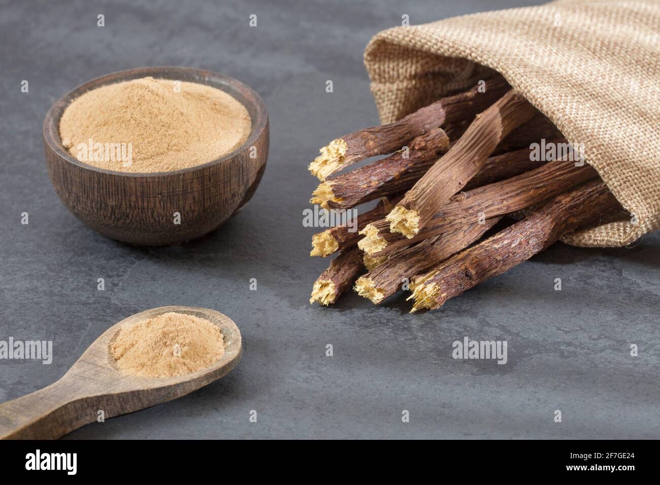 Stems and licorice powder Glycyrrhiza glabra. Licorice root has