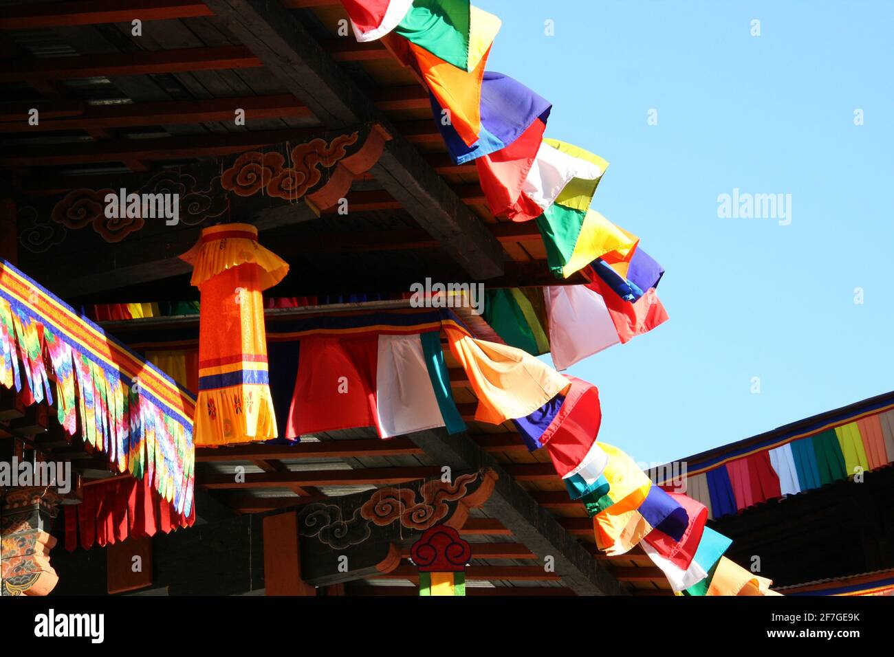 Flags decoration colorful jewelry temple monastery fortress Kingdom of Bhutan colors wind cultural tradition decorate festival decoration wedding Stock Photo