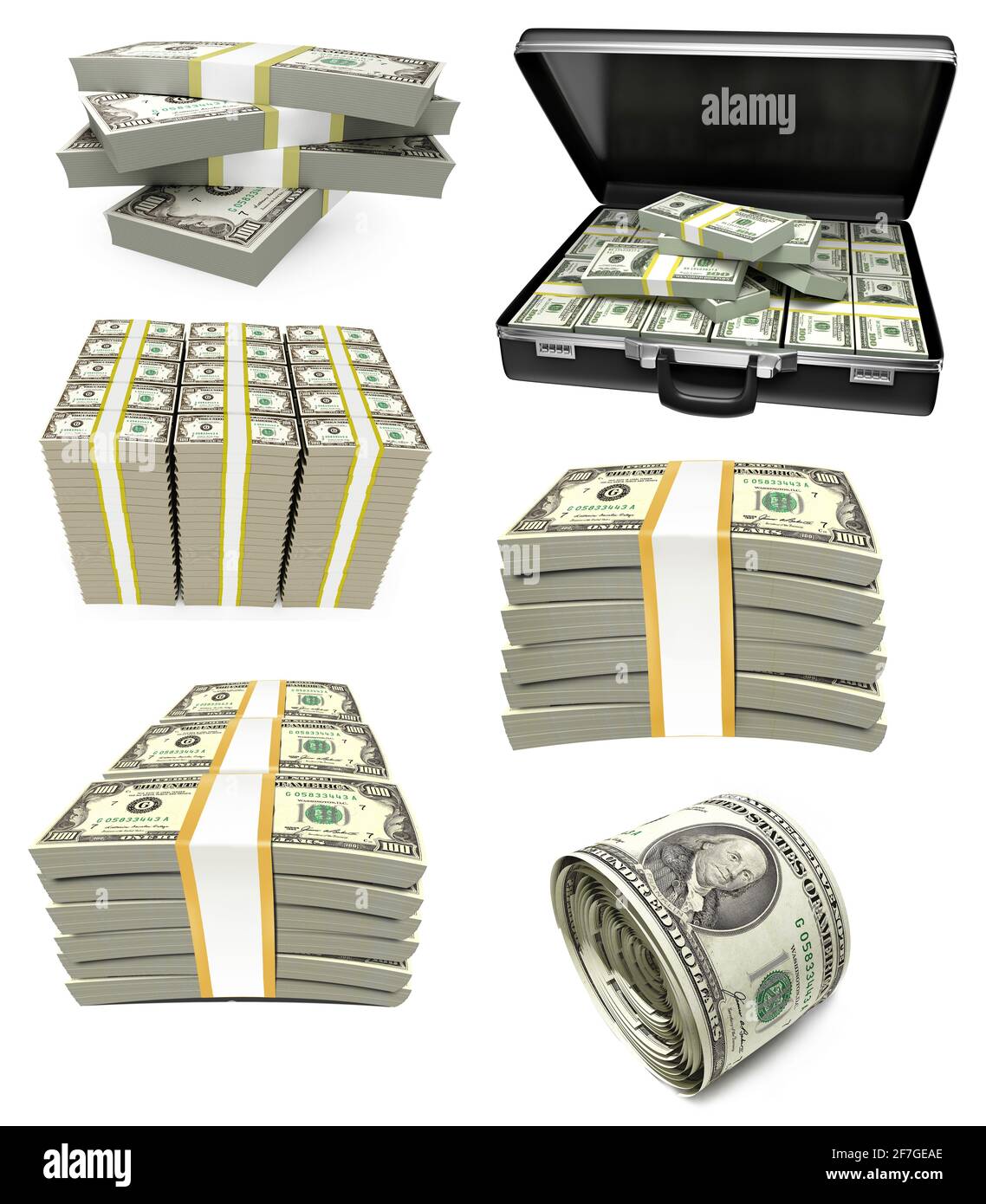 US Dollar bills bundles stack on white background. 3D Illustration Stock Photo