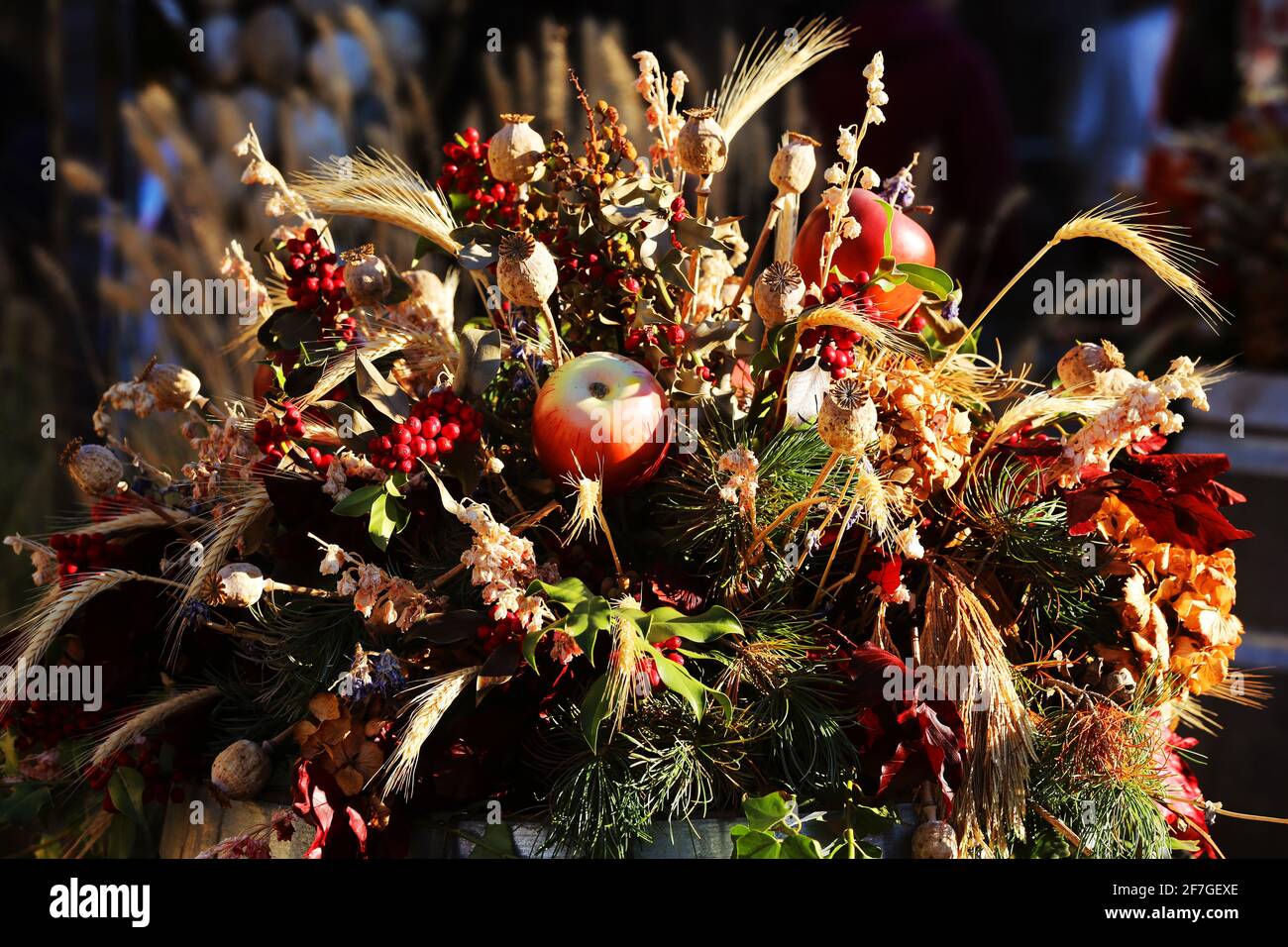 herbstliche Erntekrone aus Getreide, roten Äpfeln und Beeren auf dem Umzug zum brixener Brot- und Getreidemarkt in Südtirol, Dolomiten, Italien Stock Photo