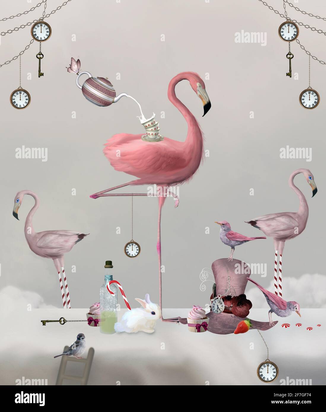 Surreal tea party with a pink flamingo on a table with clocks, keys and sweetness Stock Photo