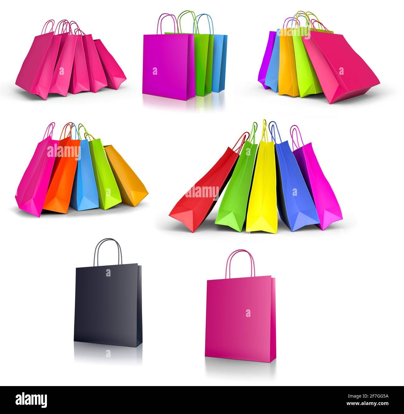 Colored paper shopping bags set on white background. 3D Illustration Stock Photo