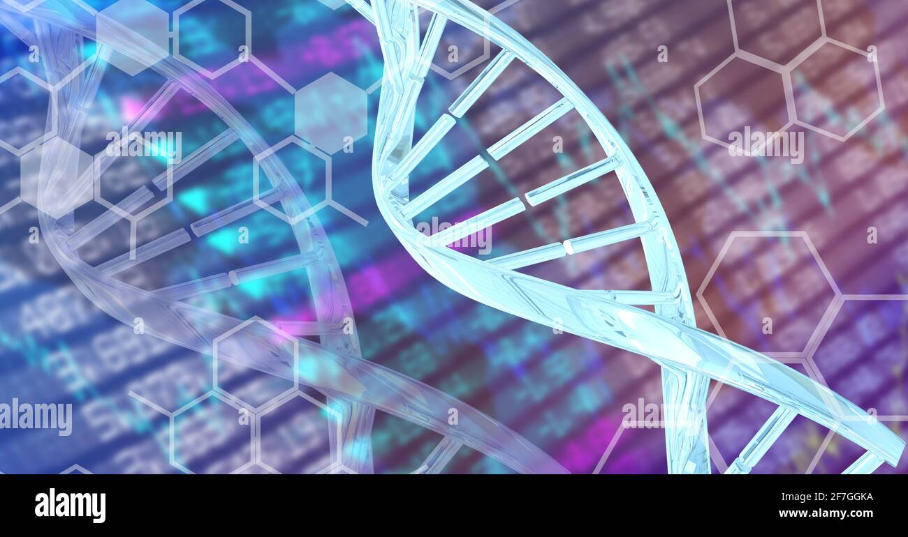 Dna structure and chemical structures against stock market data processing Stock Photo