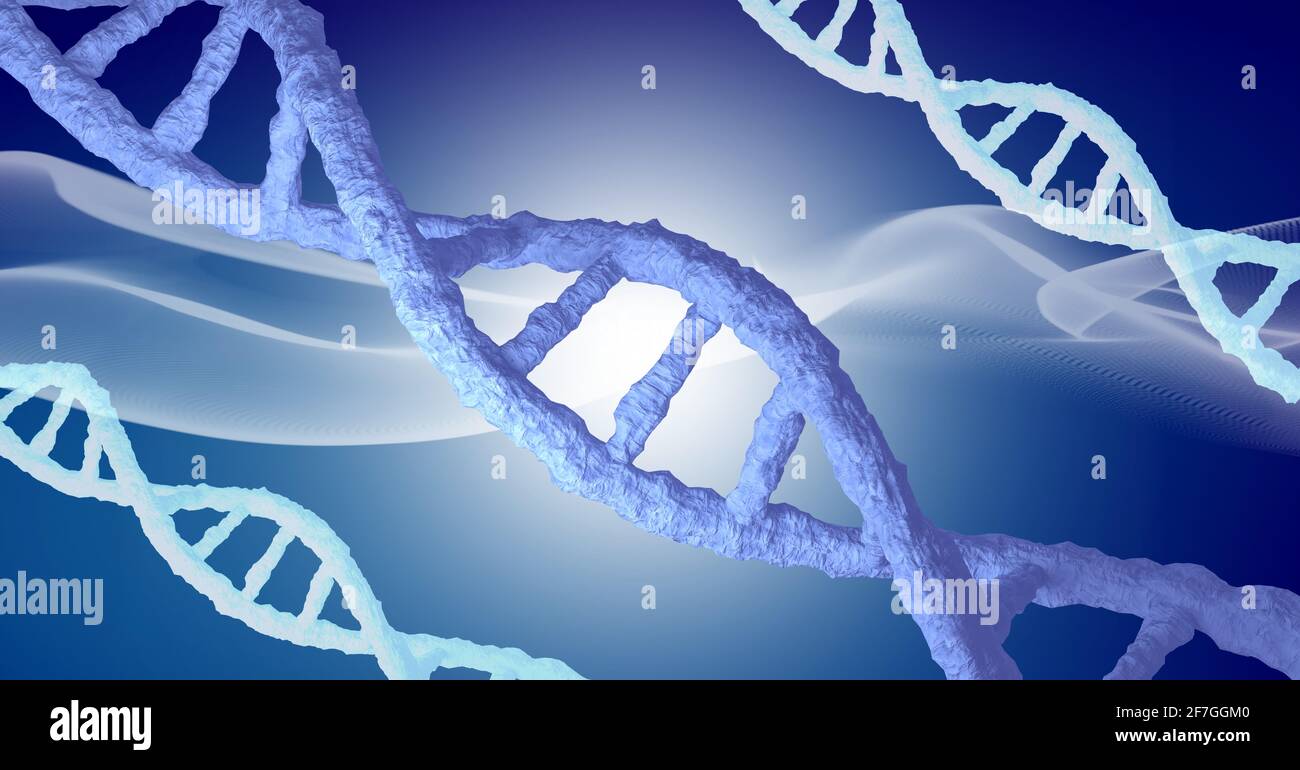 Digitally generated image of multiple dna structures against digital wave on blue background Stock Photo
