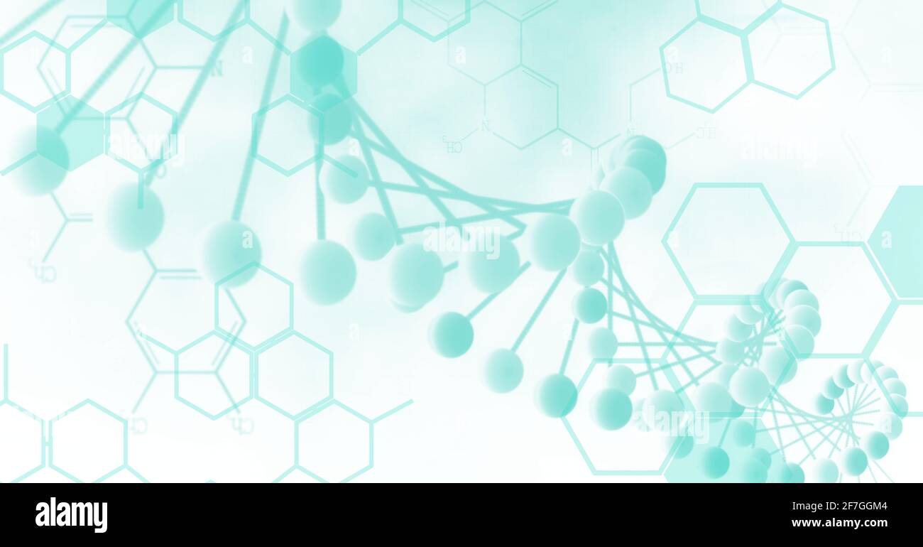 Digitally generated image of dna structure and chemical structures against green background Stock Photo