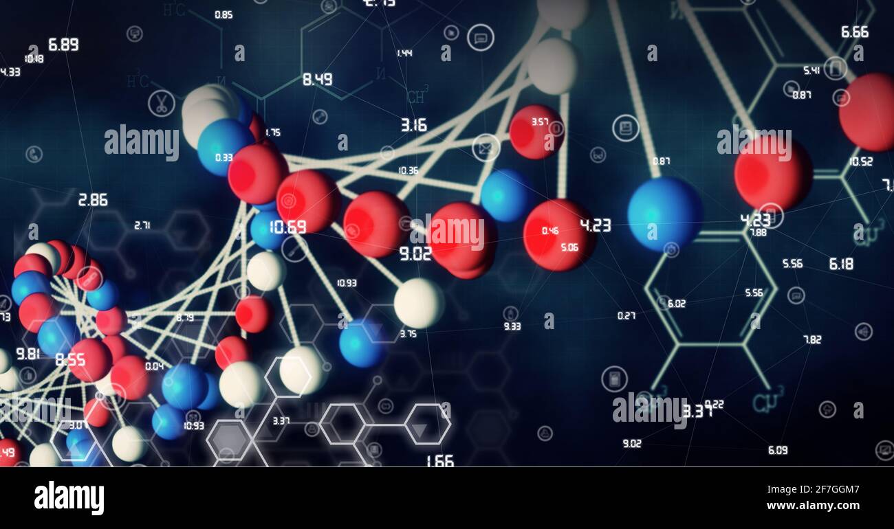 Digitally generated image of dna structure and chemical structures against blue background Stock Photo