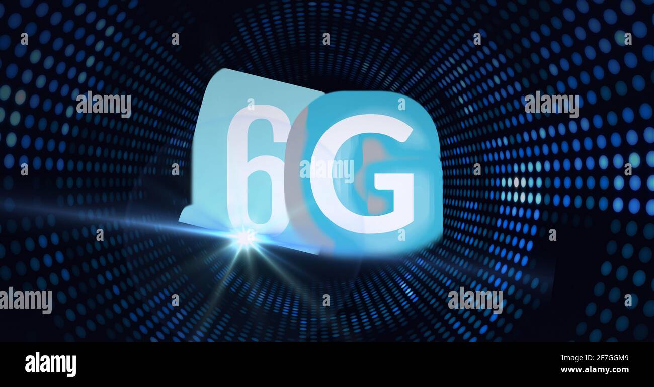 Composition of the word 6g over a tunnel of blue dots in background Stock Photo