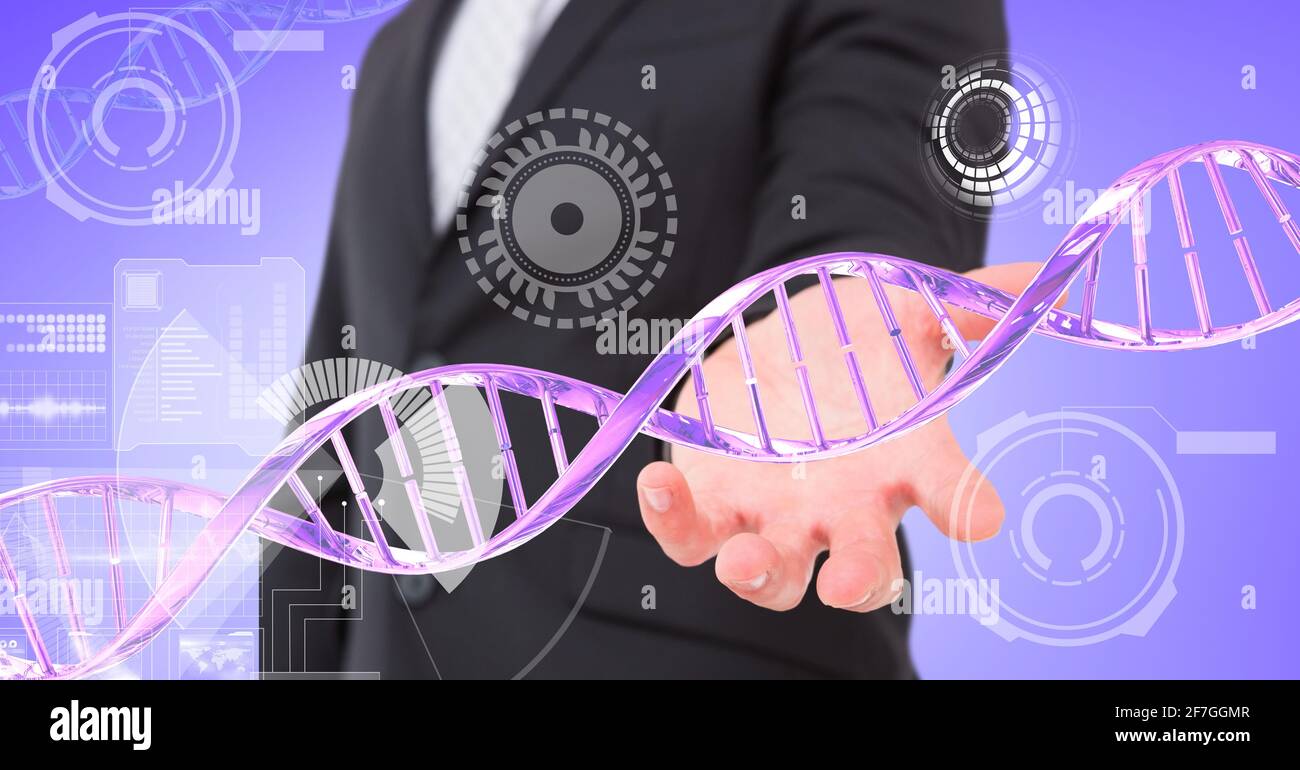 Dna structure and round scanners over mid section of business man with cupped hand Stock Photo