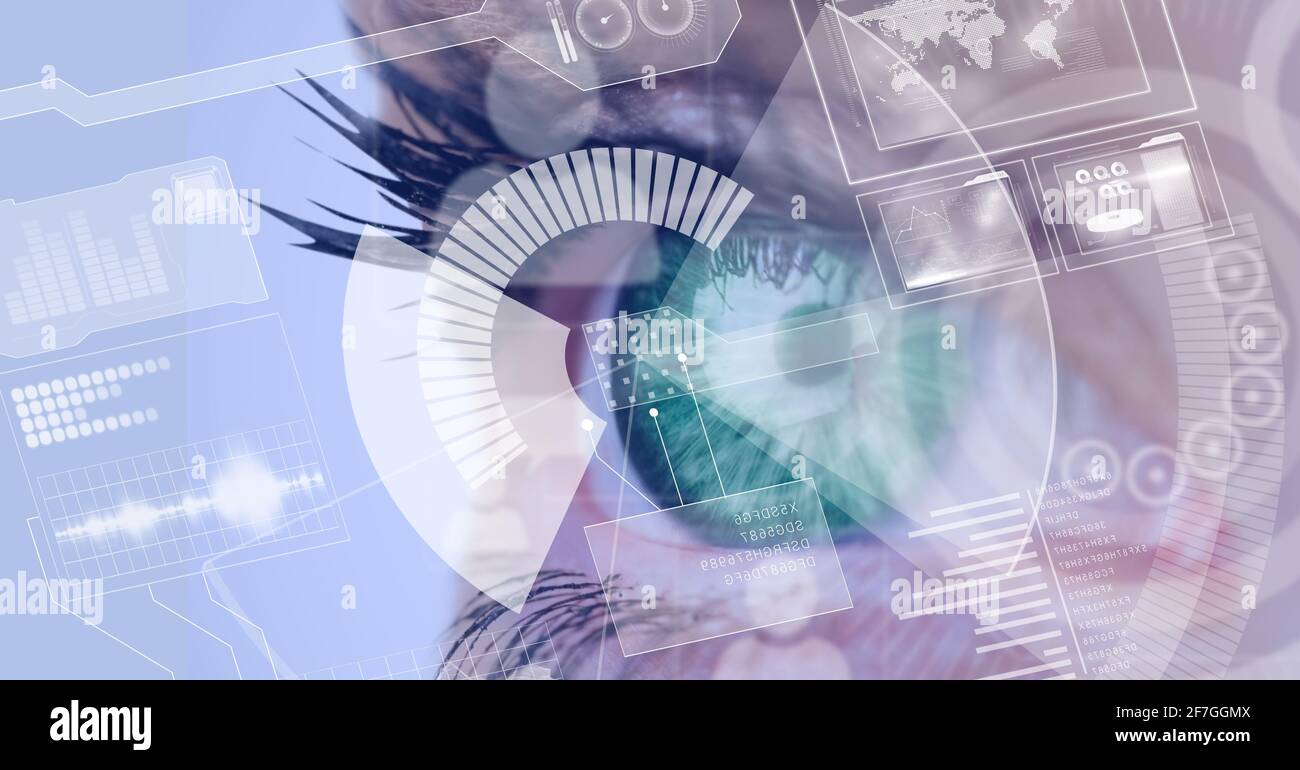 Digital interface with data processing against close up of human eye ...