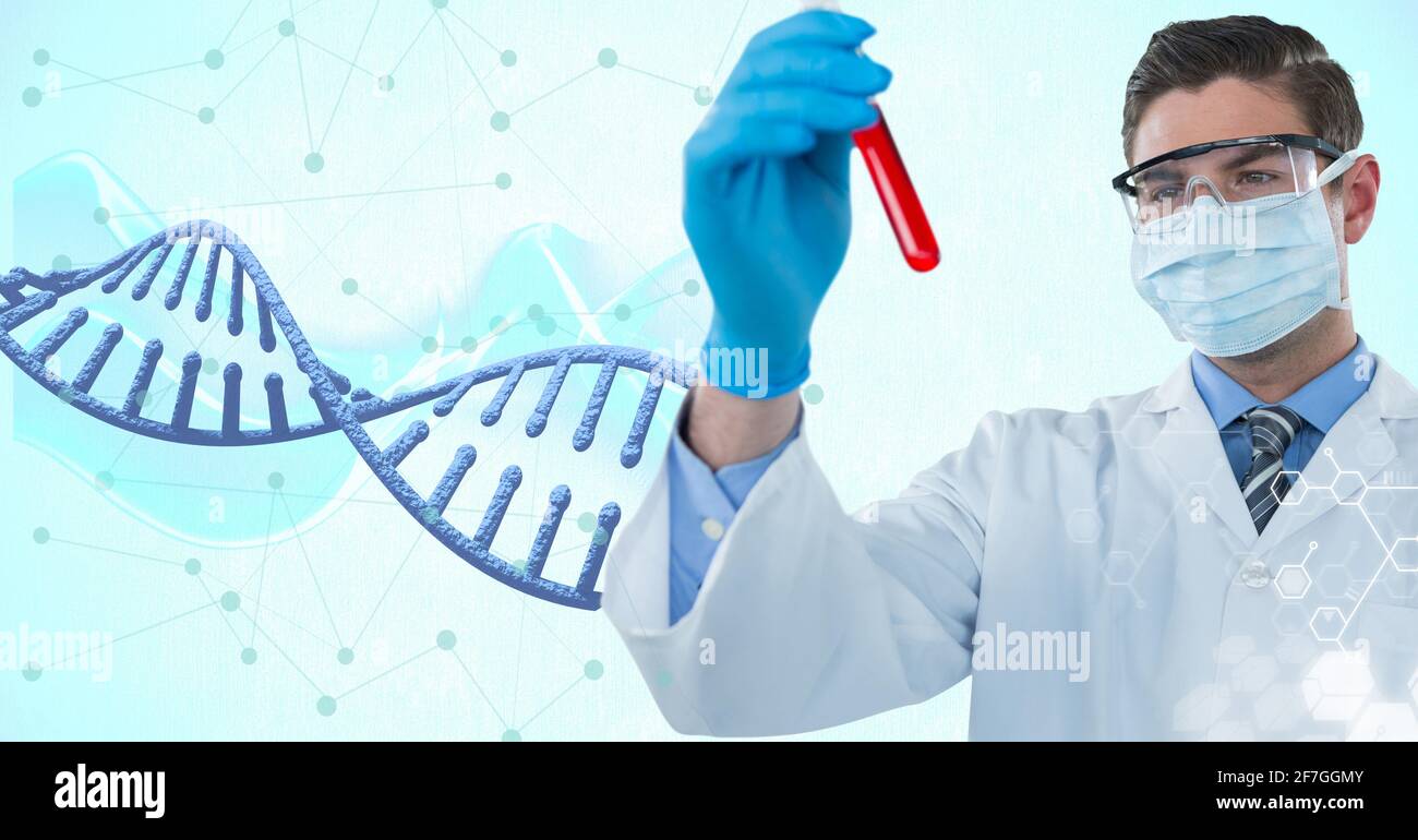 Caucasian male doctor holding a test tube against dna structure and network of connections Stock Photo