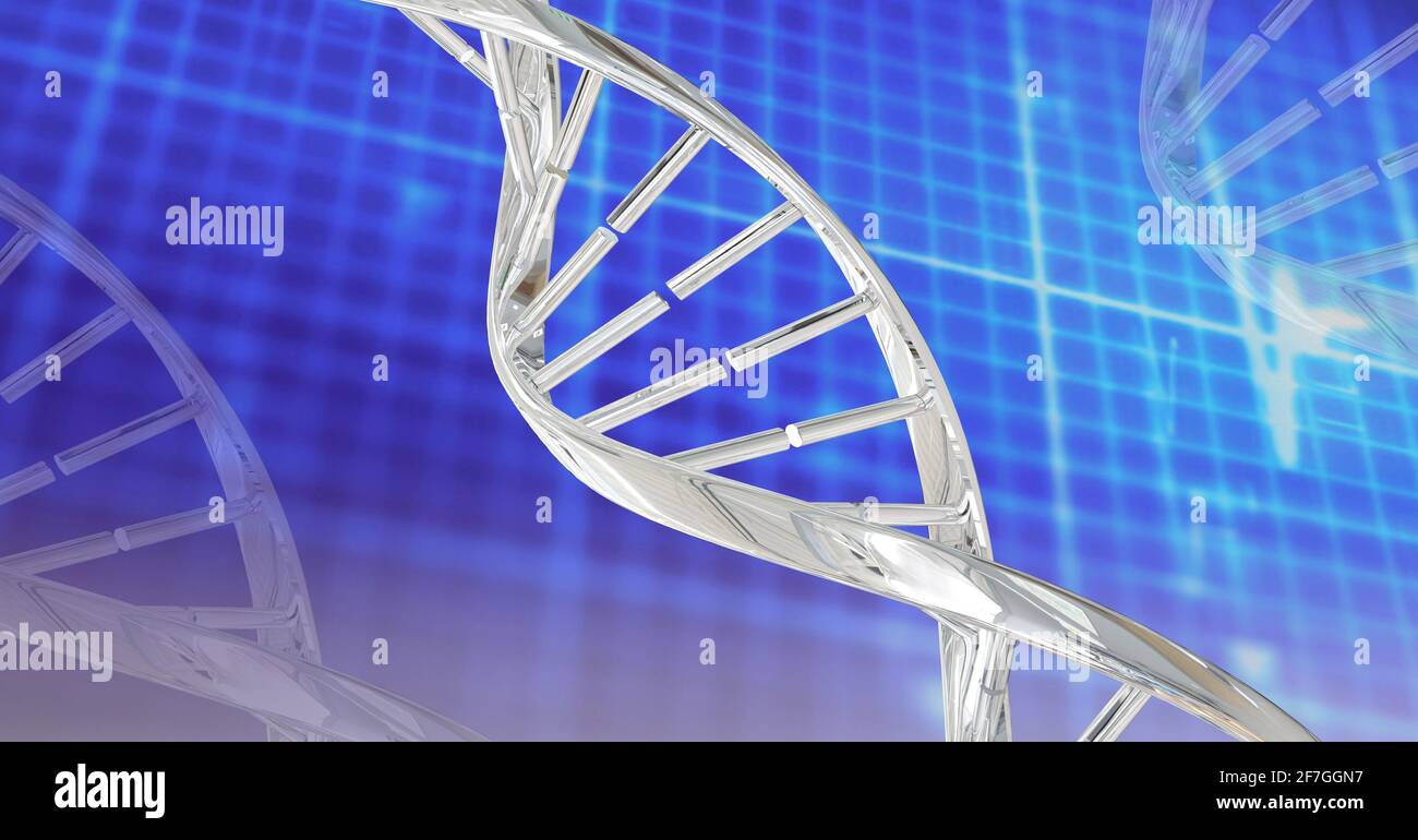 Digitally generated image of dna structures against grid network on blue background Stock Photo