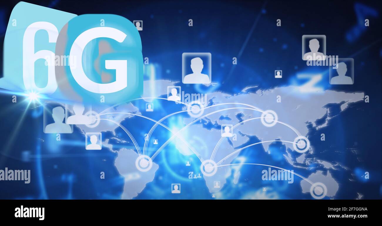 Composition of the word 6g over world map with net of connections and people images in background Stock Photo