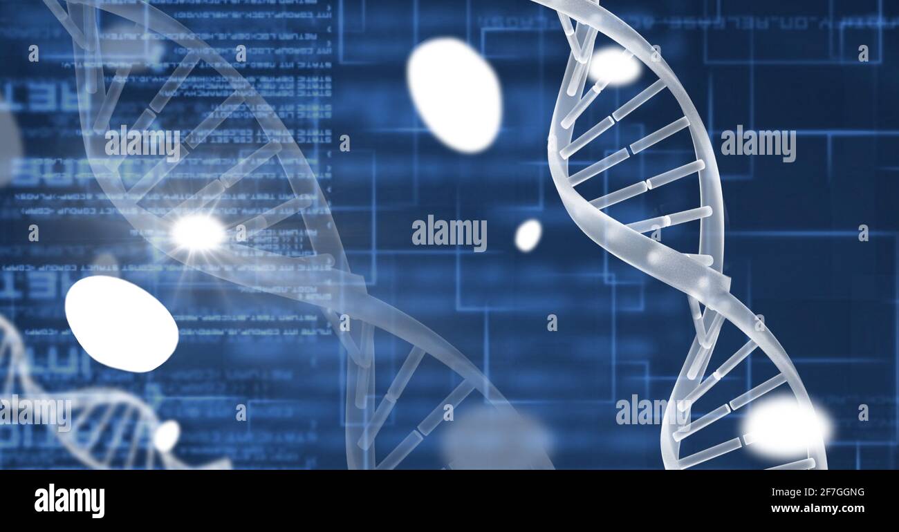 Digitally generated image of dna structure against data processing on blue background Stock Photo