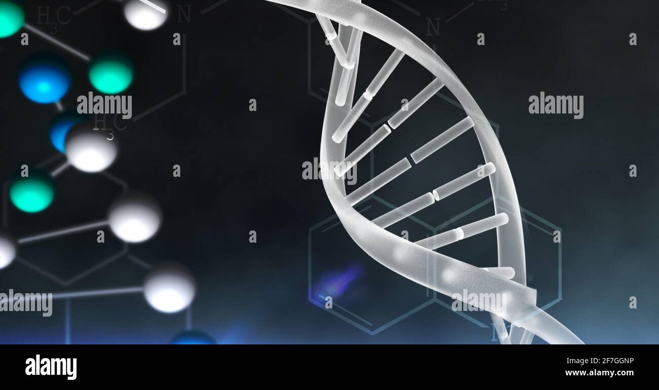 Digitally generated image of dna structure and chemical structures against black background Stock Photo