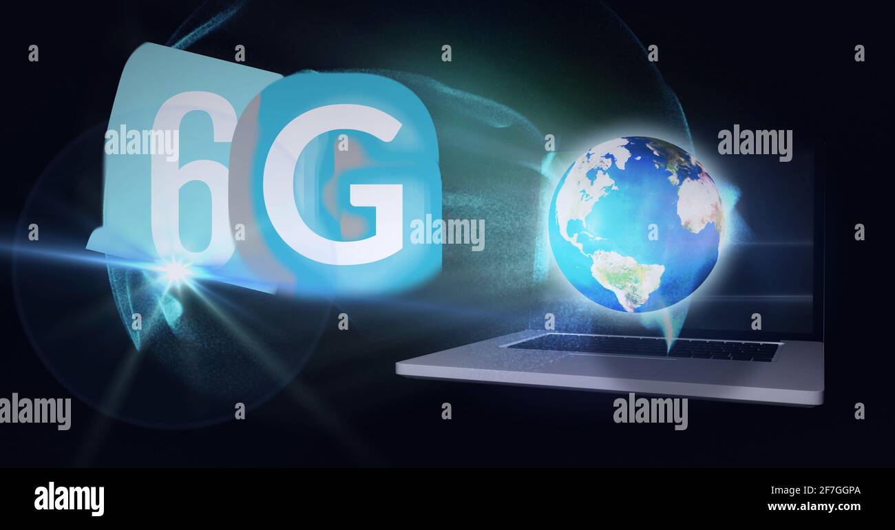 Composition of the word 6g over a globe and white shapes in background Stock Photo
