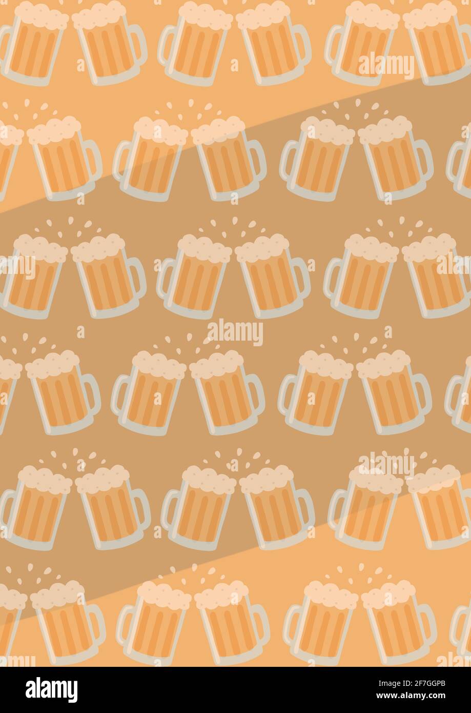 Composition of pairs of beer glasses in rows making toast on orange background Stock Photo