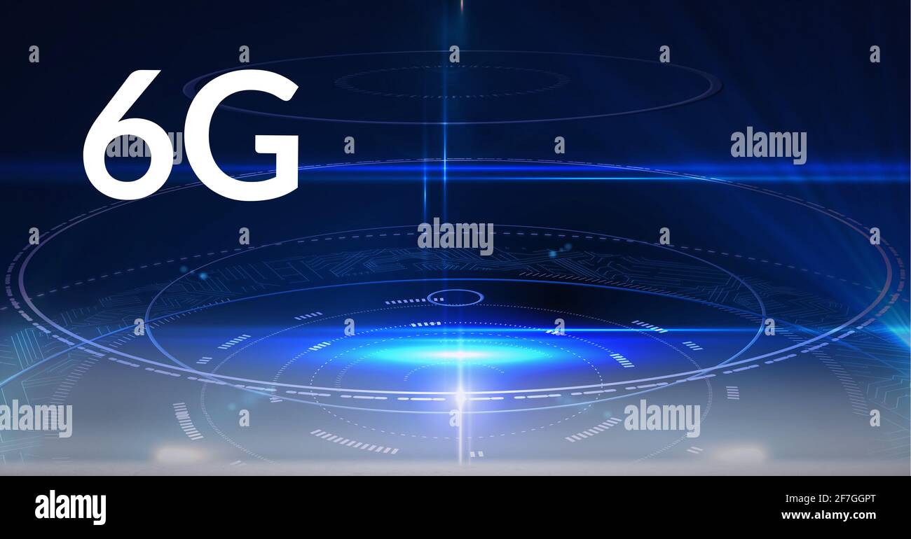 Composition of the word 6g over multiple circles and floating shapes in background Stock Photo