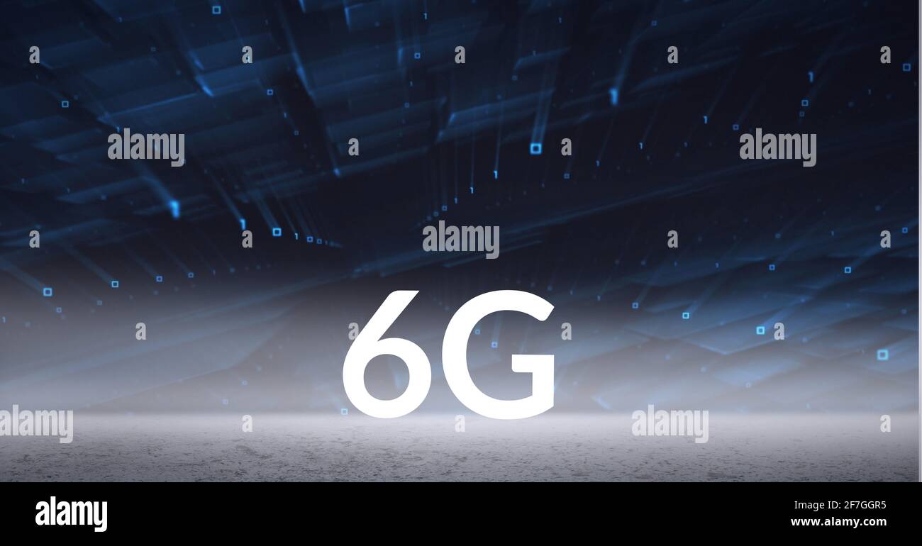 Composition of the word 6g over multiple blue shapes floating in background Stock Photo