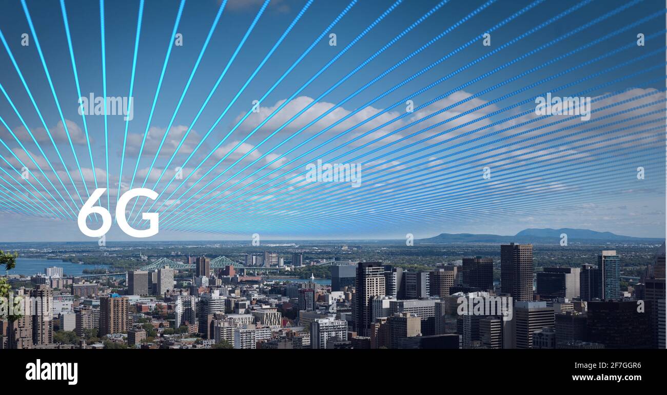 Composition of the word 6g over a cityscape with blue lines on the sky in background Stock Photo