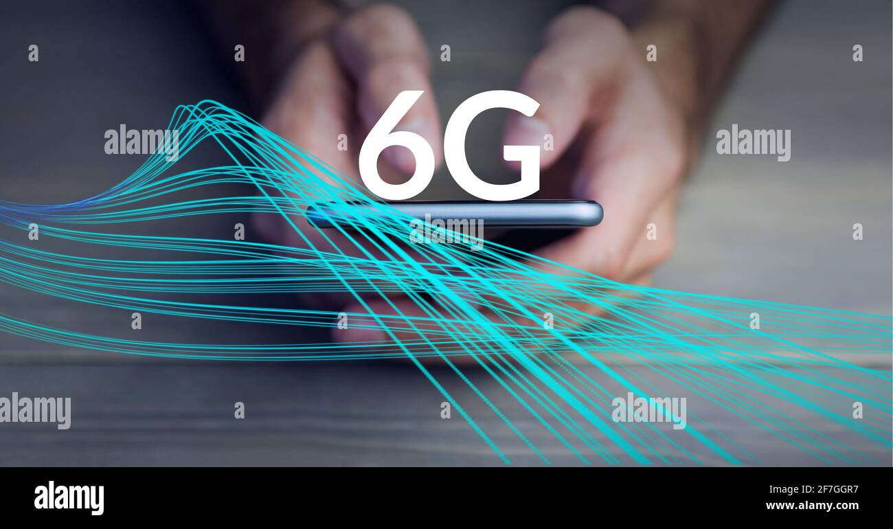 Composition of the word 6g over blue lines and a person holding a smartphone in background Stock Photo