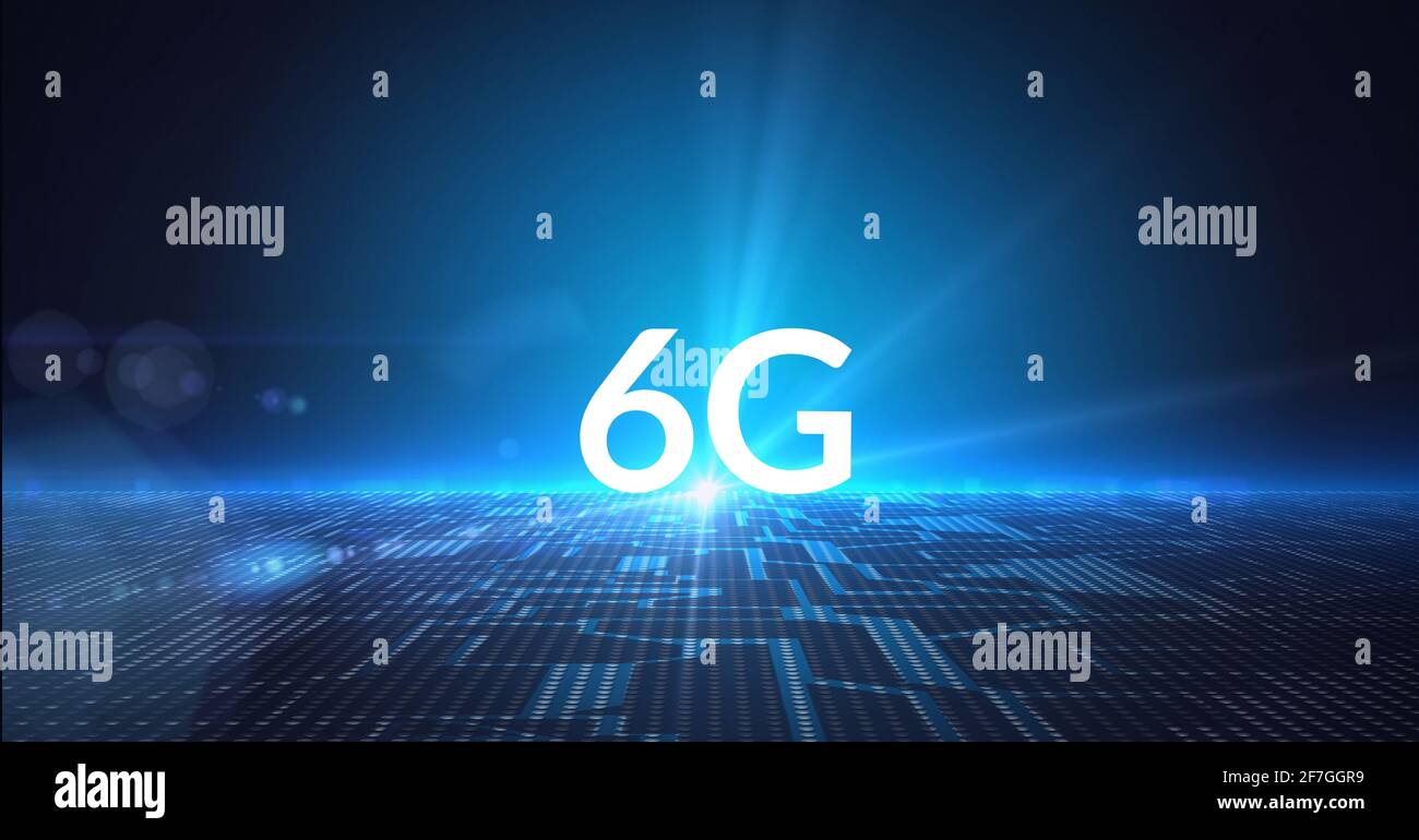Composition of the word 6g over microprocesor connections with blue background Stock Photo