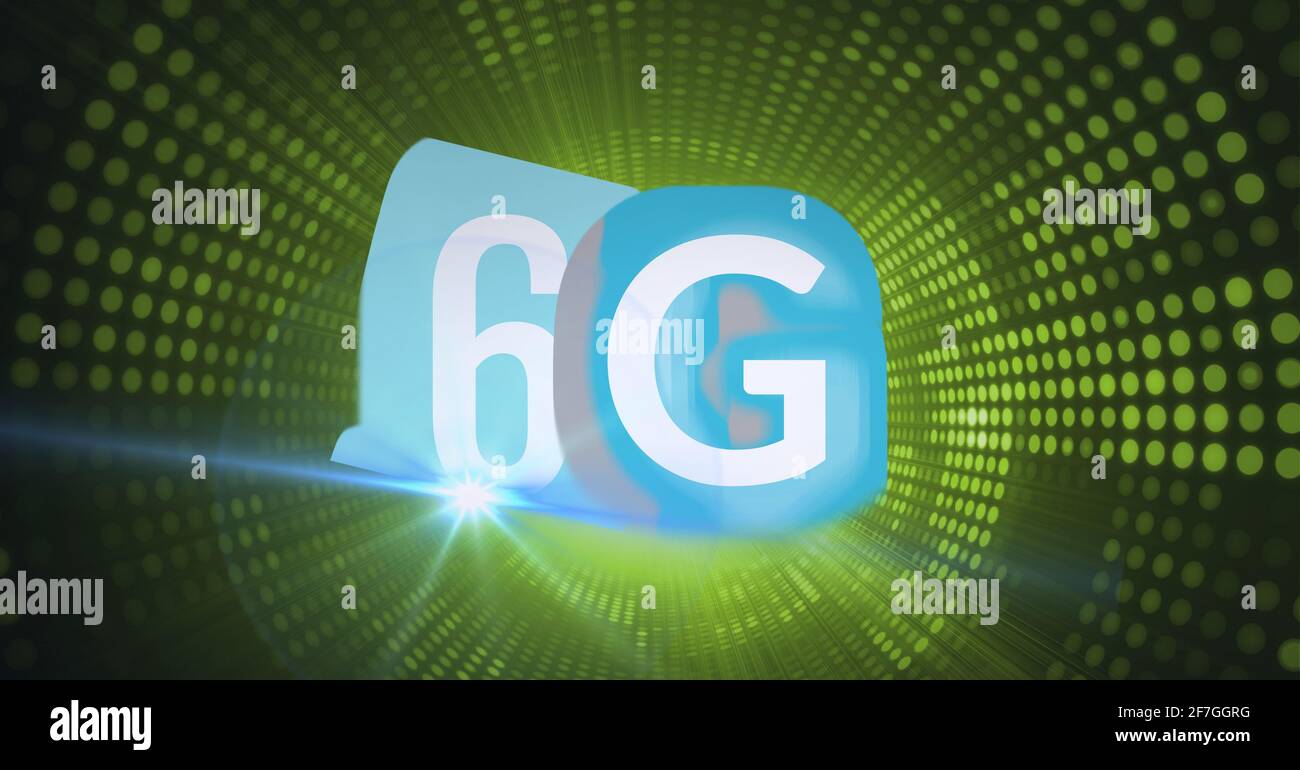 Composition of the word 6g over a tunnel of green dots in background Stock Photo