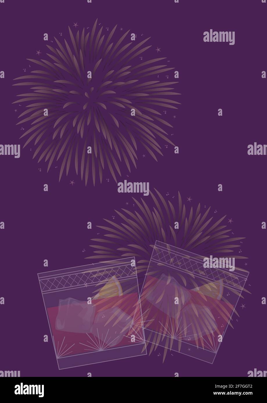 Composition of two drinks making toast with fireworks on purple background Stock Photo