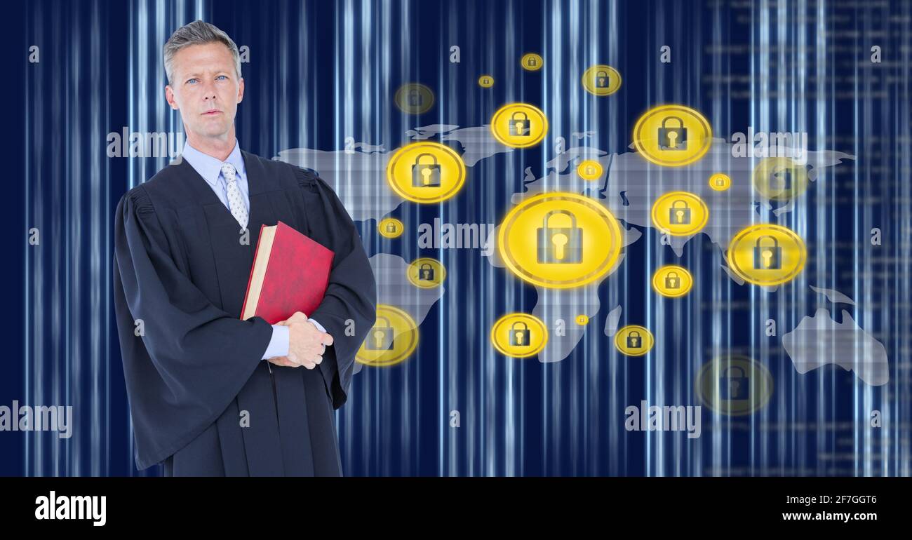 Portrait of lawyer against network of security padlock icons over world map against blue background Stock Photo