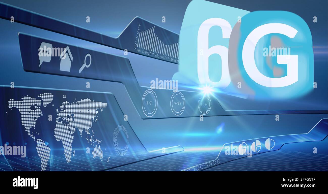 Composition of the word 6g over a website with a world map in background Stock Photo