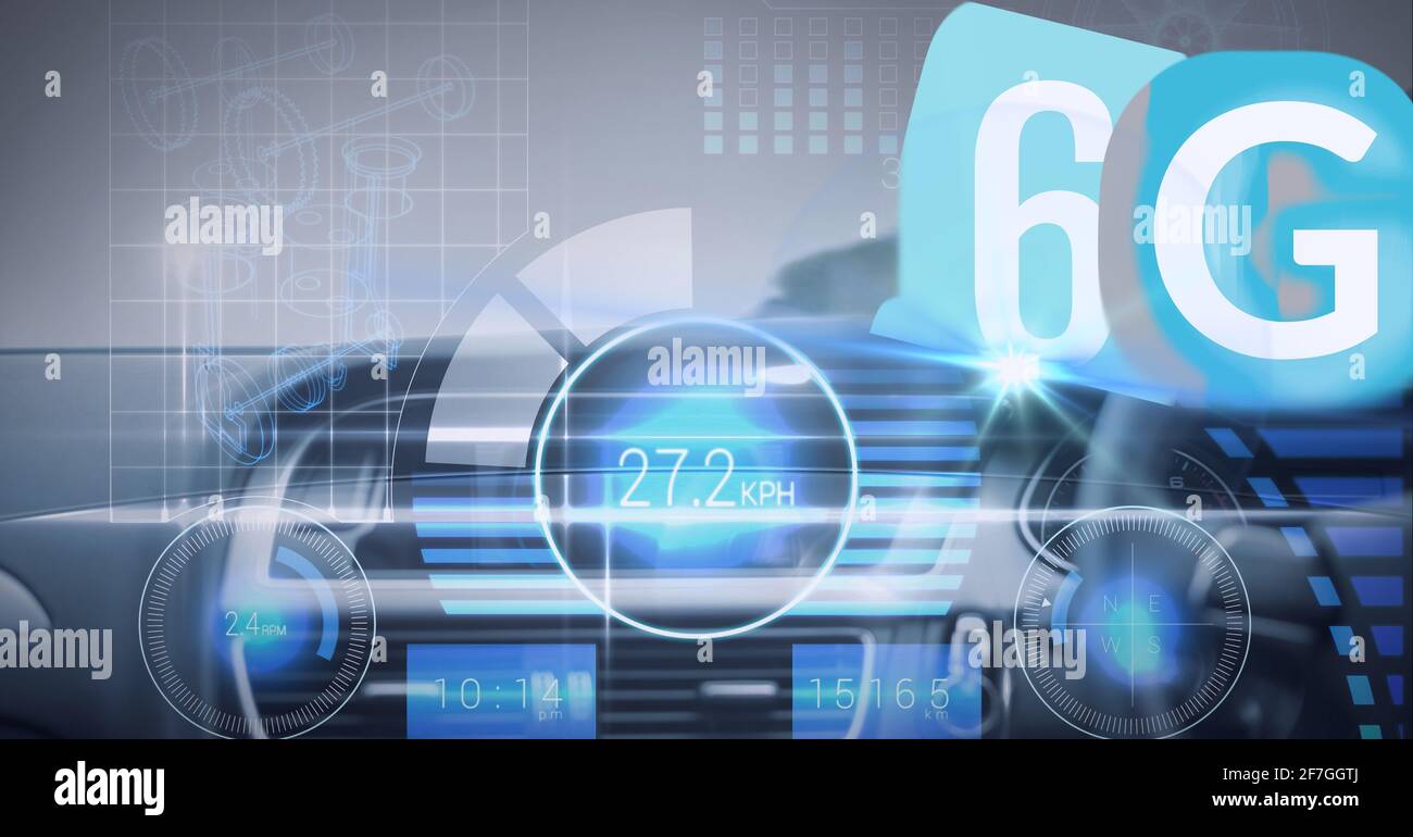 Composition of the word 6g over a car with driving measures in background Stock Photo