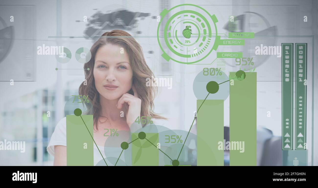 Composition of data processing over caucasian woman smiling in background Stock Photo