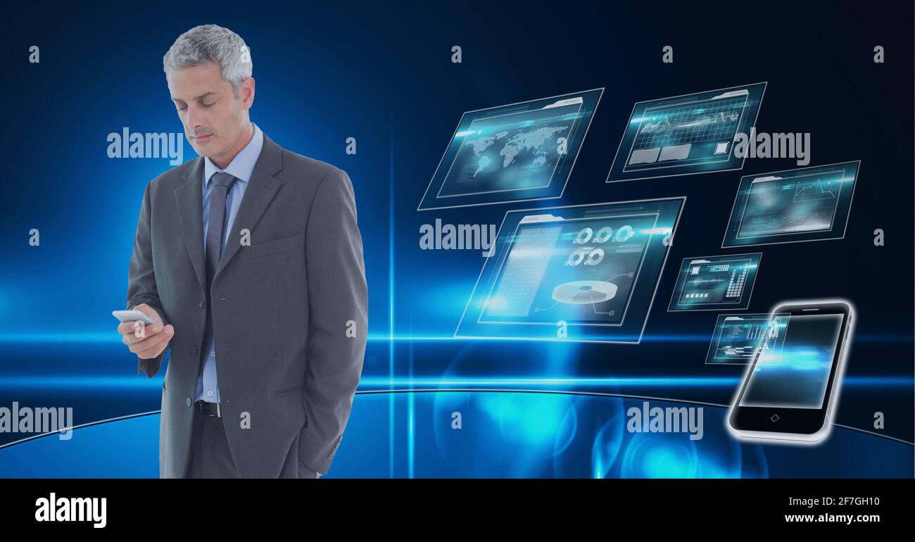 Composition of data processing over caucasian man using smartphone in background Stock Photo