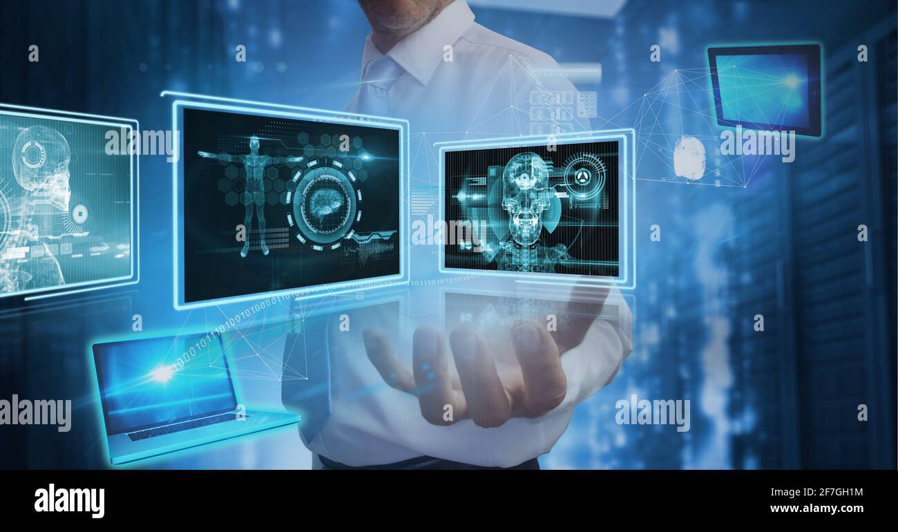 Composition of data processing over caucasian man hand in background Stock Photo
